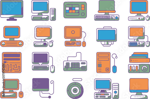 Monitor Computer Icons in Colorful Outline Style for Technology Concept