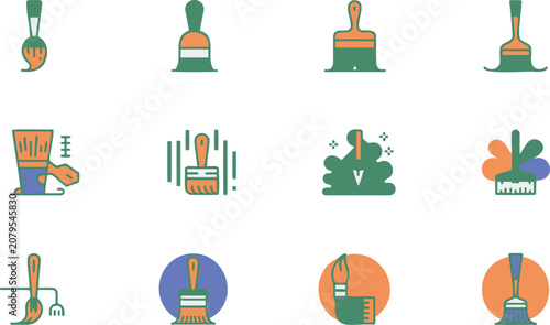 Paintbrush Icon Set with Roller, Brush, Tray, and Scraper Tools