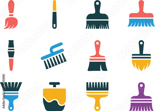 Paintbrush Icon Set with Colorful Bristles and Handles for Design
