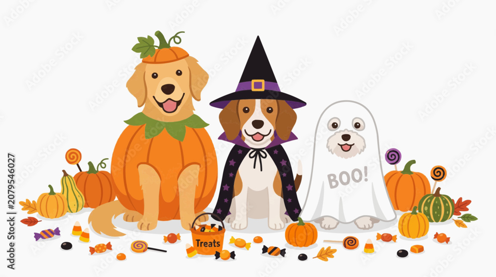 Naklejka premium Cute Dogs Dressed for Halloween with Pumpkins and Candy