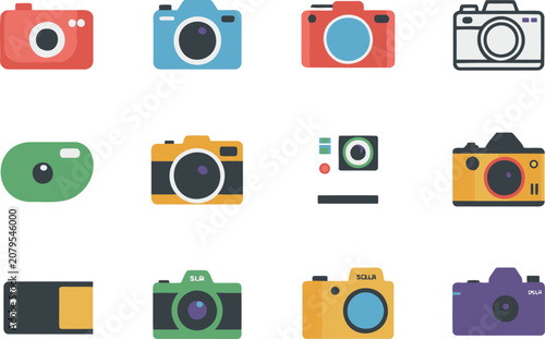 Camera Icon Set with Colorful Vintage Dslr Designs and Lens Focus Details
