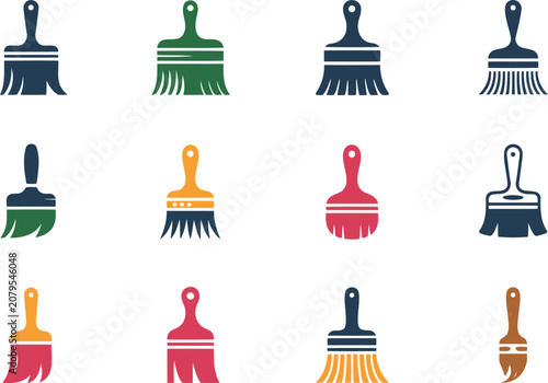 Paintbrush Icon Set with Colorful Bristles and Wooden Handle, Simple Flat Vector Design