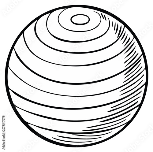 Line art illustration of a striped exercise ball for fitness and therapy