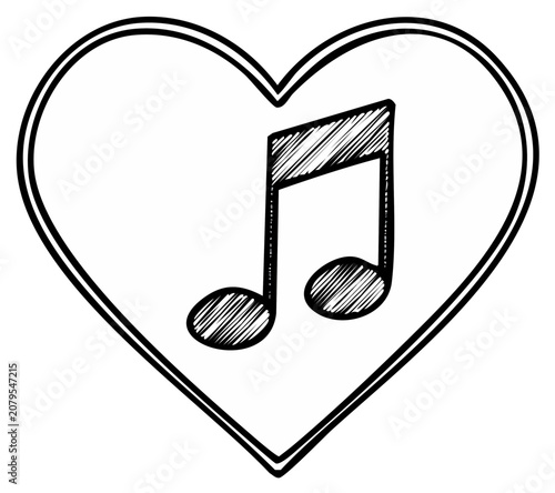 Hand-drawn heart with musical note symbol, sketch style, white background, love of music concept.