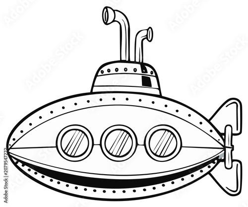 Cartoon submarine illustration in black and white