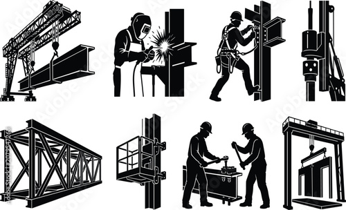 Fotografie Set of industrial construction silhouettes featuring steelworkers, welders, and