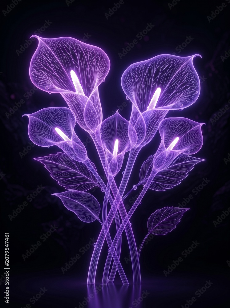 Fototapeta premium Glowing Deep Purple Neon Calla Lilies Cluster with White Centers on Pitch Black Background for Posters and Digital Art