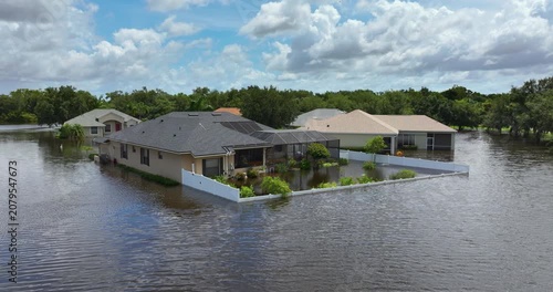 Tropical rainstorm flooded residential homes in suburban community in Florida. Hurricane aftermath