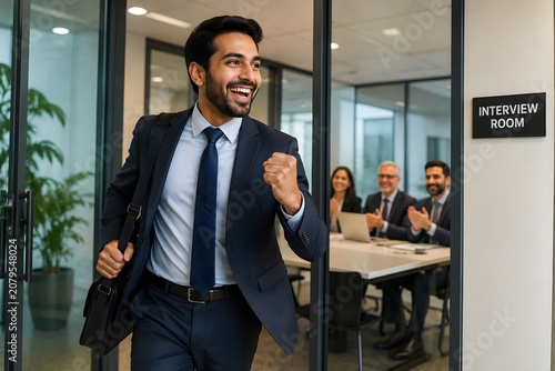 A young professional exiting from the Interview room with happiness. 