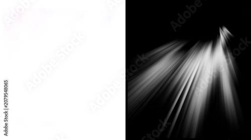 Cinematic light rays on black background, ethereal sunbeams and volumetric fog effect, dramatic white light streaks for photo overlays