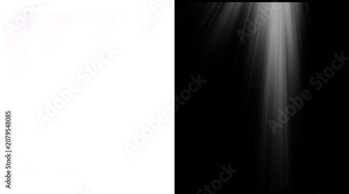 Cinematic sun rays and light beams on black background, ethereal white light overlay for photo editing, dramatic volumetric lighting effect