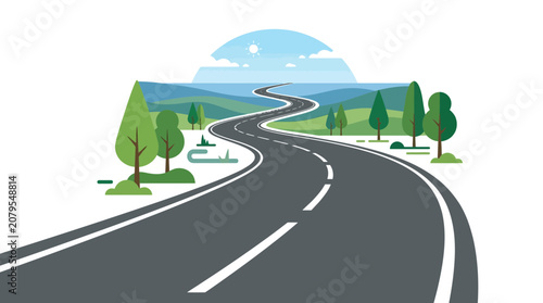Long winding highway through green rolling hills and trees
