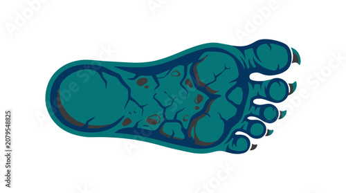 Large scaly blue monster footprint with sharp claws.