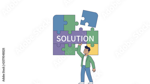 Man assembling solution puzzle pieces on white background.