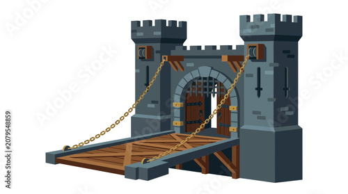 Medieval stone castle gate with wooden drawbridge.