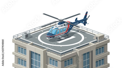 Isometric helicopter parked on modern office building rooftop helipad.