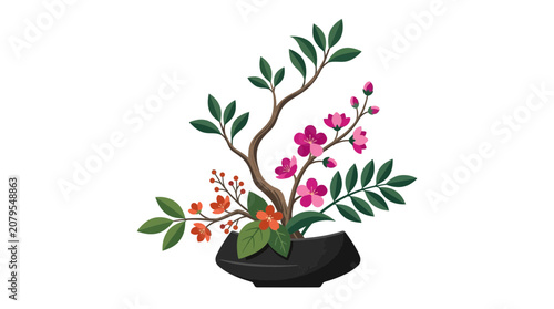Minimalist Ikebana floral arrangement in black ceramic bowl.