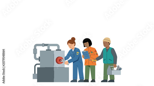 Industrial technicians maintaining factory equipment and machinery.