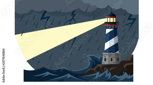 Lighthouse beam shining over stormy night sea with lightning