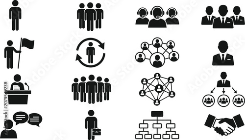 Business management corporate teamwork leadership and human resources black glyph icon set