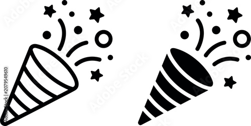 Fotografie Party popper icon vector illustration set with confetti and stars featuring line