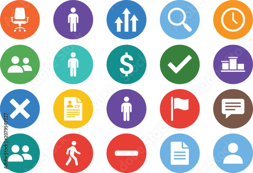Human resources and business management vector icon set with flat round colorful button elements