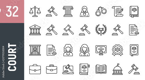 Tableau sur toile Law and justice line icons set, 32 court and legal system vector symbols, judge