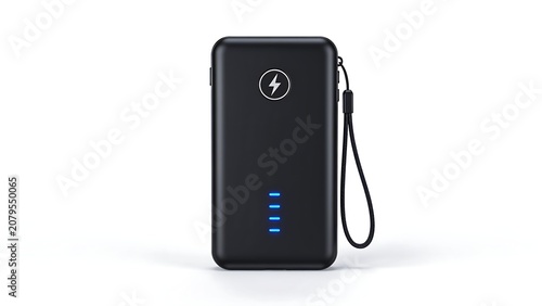 A black portable power bank with a lightning bolt symbol, a blue LED light, and a wrist strap is placed on a white background.