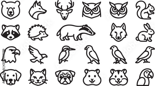 Photography Set of simple black line icons featuring wild animals and domestic pets