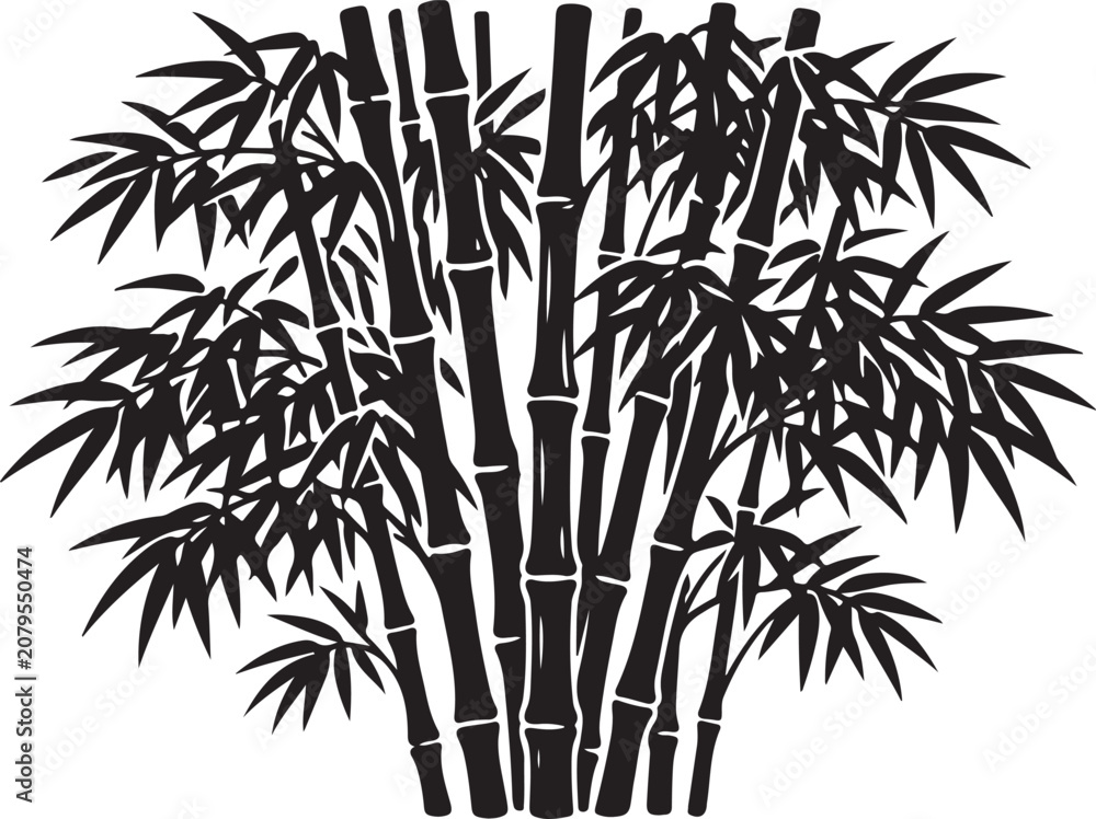 Fototapeta premium Black bamboo plant silhouette illustration with detailed leaves and tall stems
