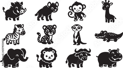 Photography Set of cute african safari animal silhouettes for kids design