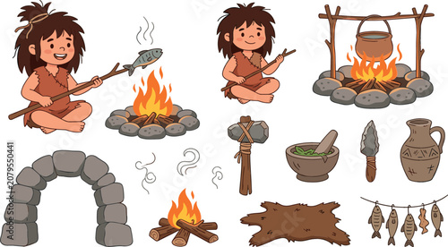 Tableau sur toile Stone age vector set featuring cute caveman kids, campfires, stone tools, primitive cooking pot, and ancient elements isolated on white background