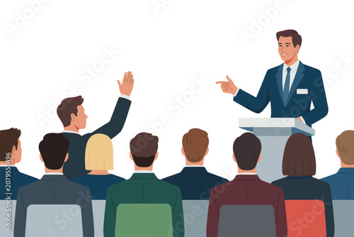 Business Man Speaking at Conference with Audience Raising Hand Vector Illustration