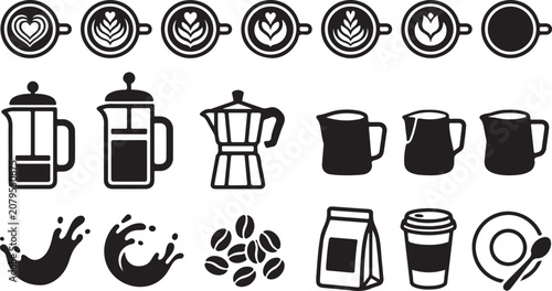 Fotografía Set of coffee icons with cups pots beans and splashes in black and white flat gr
