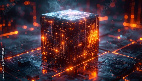 Glowing Futuristic AI Data Cube with Digital Energy

