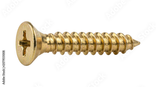 Quadro su tela Golden metal screw with countersunk head and sharp thread lying horizontally isolated on transparent background for hardware store or construction tools