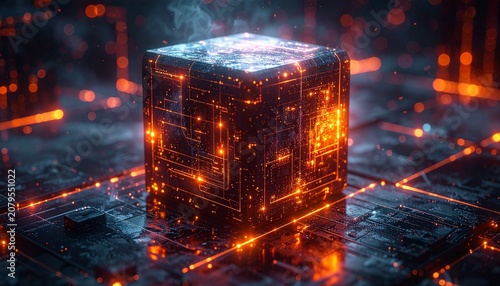 Glowing Futuristic AI Data Cube with Digital Energy
