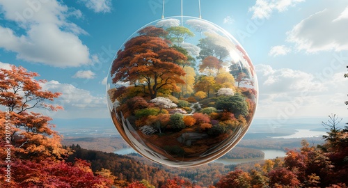  Transparent glass orb hanging in the sky, containing a miniature autumn forest landscape with colorful trees. Surreal nature globe concept with bright daylight and depth
