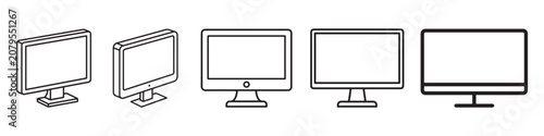 Minimalist computer monitor icon set showing different angles and line weights in a clean vector style for graphic design projects
