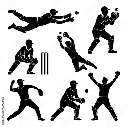 Obraz na płótnie Cricket players silhouettes including fielders wicketkeeper and bowler in action