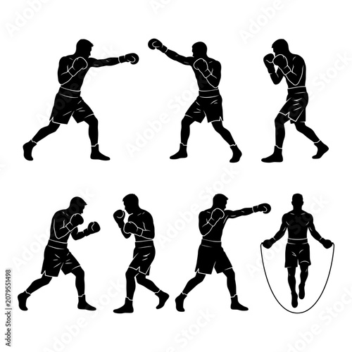 Fotografía Boxing training silhouettes with fighters punching practicing footwork and jumping rope
