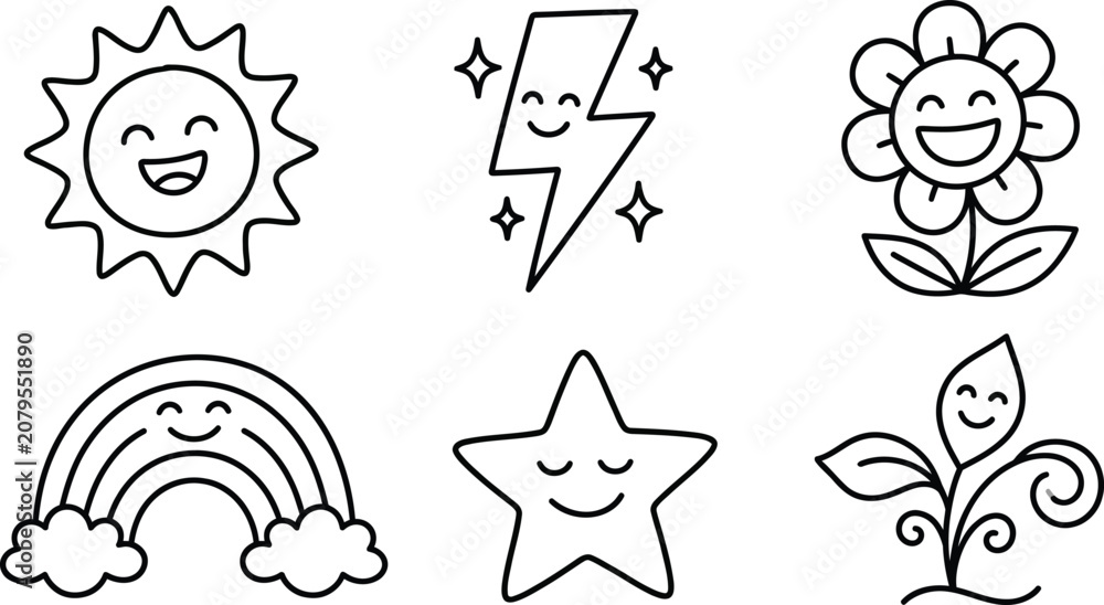 Fototapeta premium Adorable hand-drawn nature and weather icons featuring smiling faces ideal for childrens apps educational content and positive branding