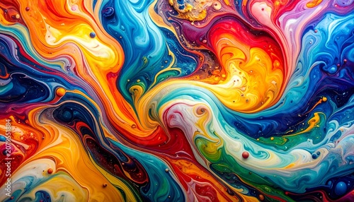 Abstract background of colorful flowing liquid paint swirls