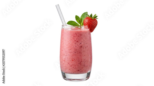 Принти на полотні Refreshing strawberry smoothie in glass with straw and strawberry garnish, isolated on transparent background, perfect for summer drinks and healthy lifestyle content, studio shot