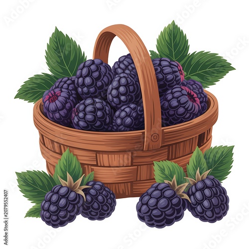A rustic woven basket overflowing with ripe blackberries and fresh green leaves isolated on white