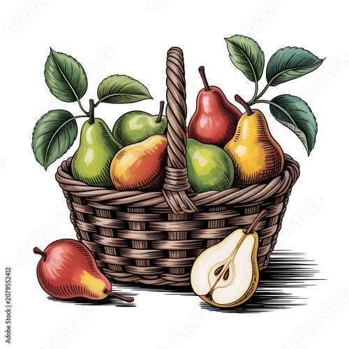 A Woven Basket Filled with Ripe Pears and Leaves with Loose Pears Isolated on Transparent Background