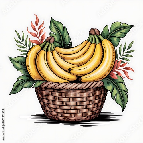 A Woven Basket Filled with Ripe Yellow Bananas and Tropical Green Leaves