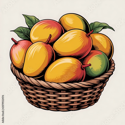 A woven basket overflows with ripe golden yellow mangoes and a few green ones with leaves attached