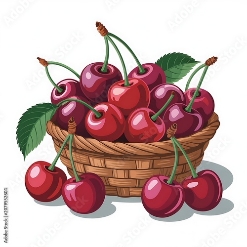 Fresh ripe red cherries with green stems and leaves nestled inside a woven basket for a healthy summer harvest