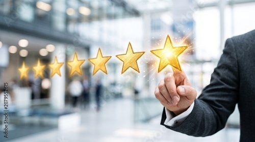 Businessman touching a glowing five star rating to represent customer satisfaction